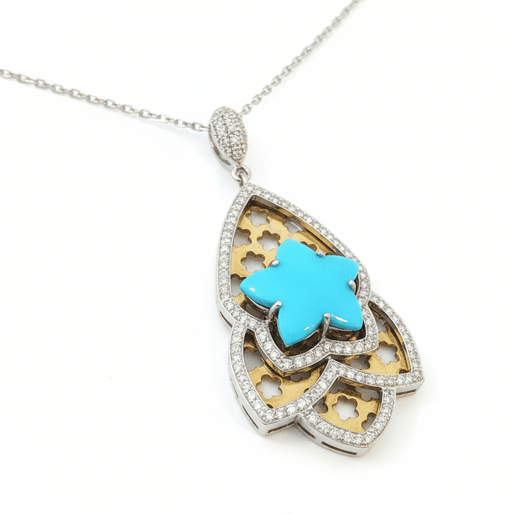 Ö d’Azure Turquoise Star Lace Diamond Pendant in White Gold