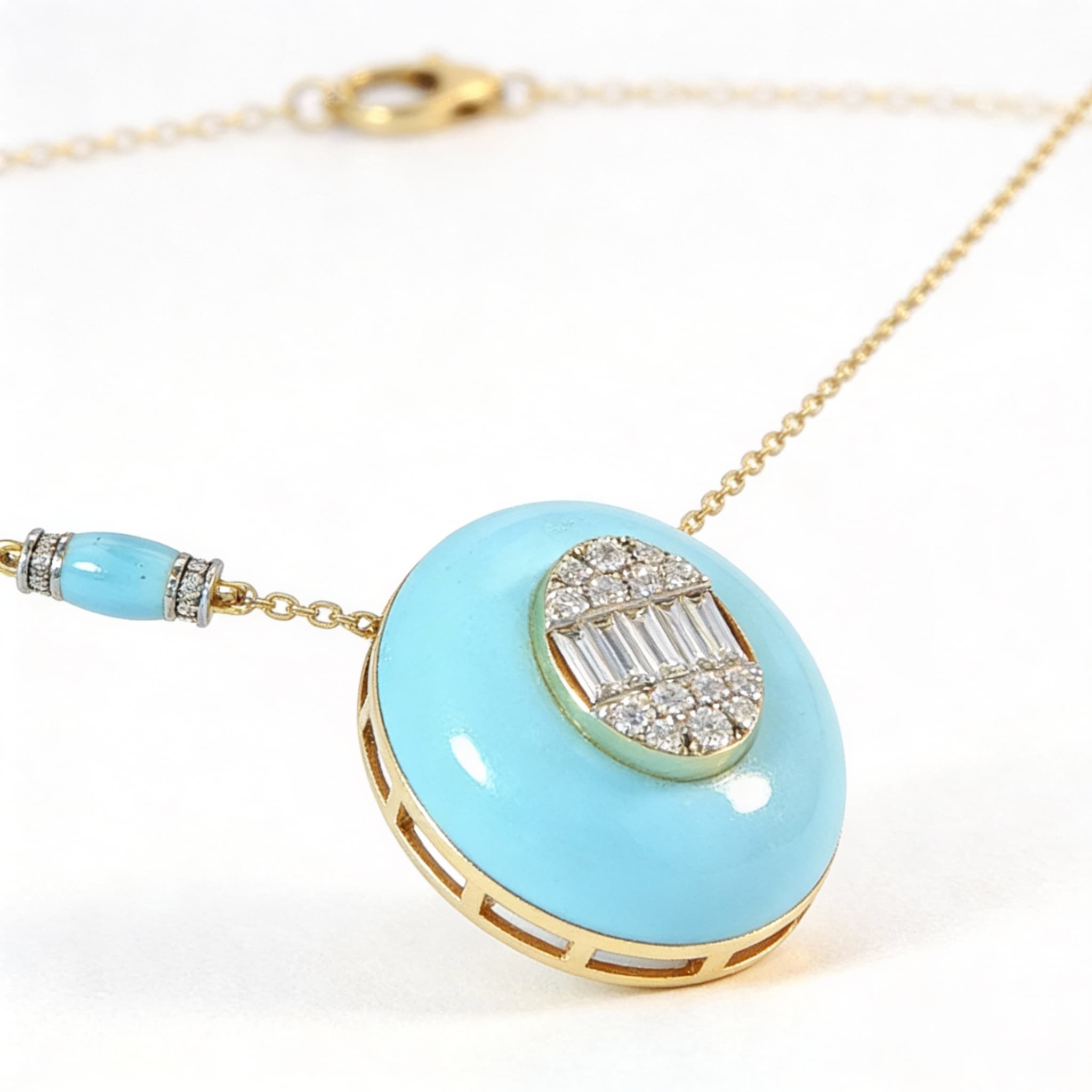 Ö d’Azure Dome Diamond Cluster Turquoise Enamel Pendant  in Yellow Gold