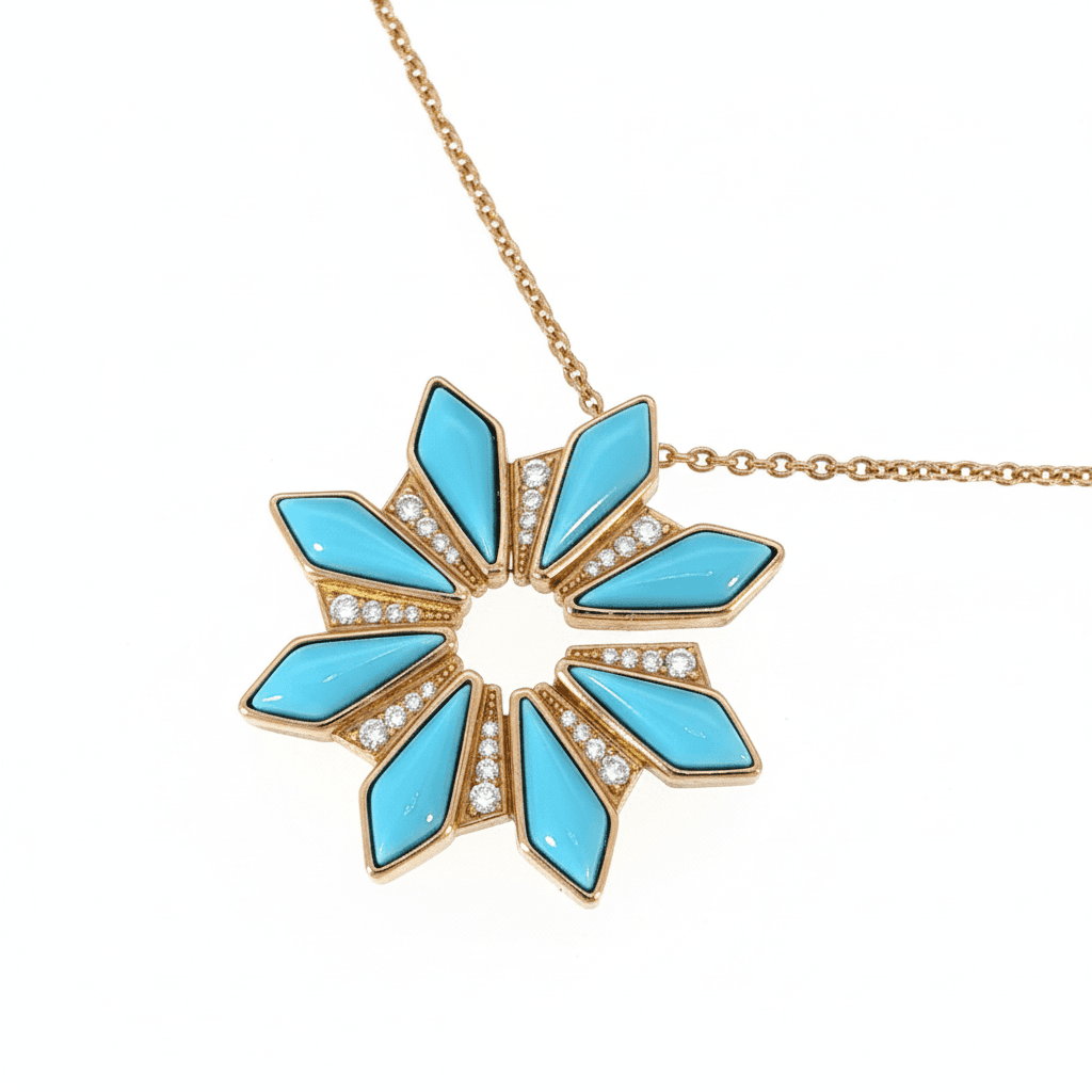 Ö d’Azure Turquoise Eight-Point Star Pendant in Yellow Gold with Pavé Diamonds