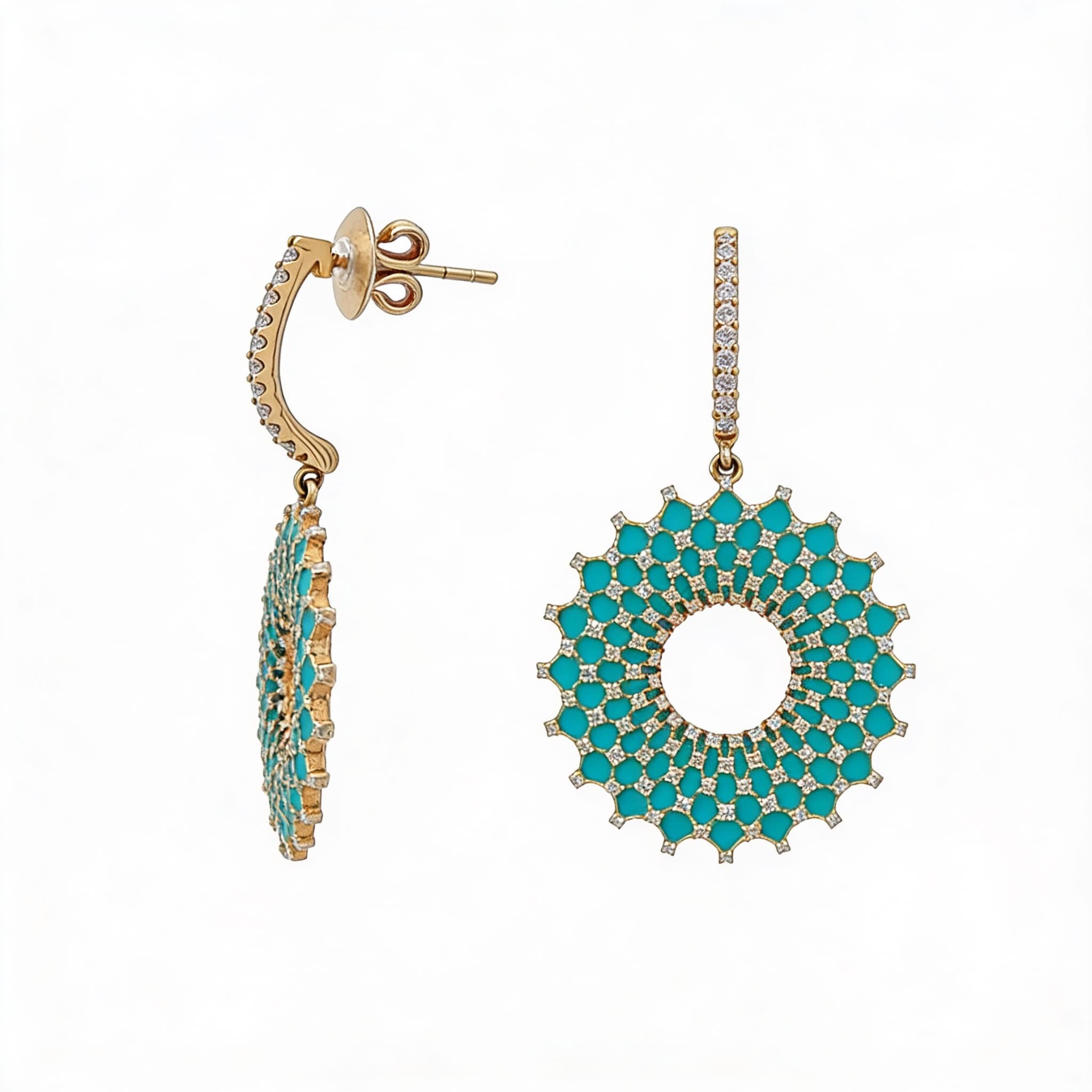 Ö d’Azure Radiant Halo Turquoise Enamel Diamond Earring Drops  in Yellow Gold