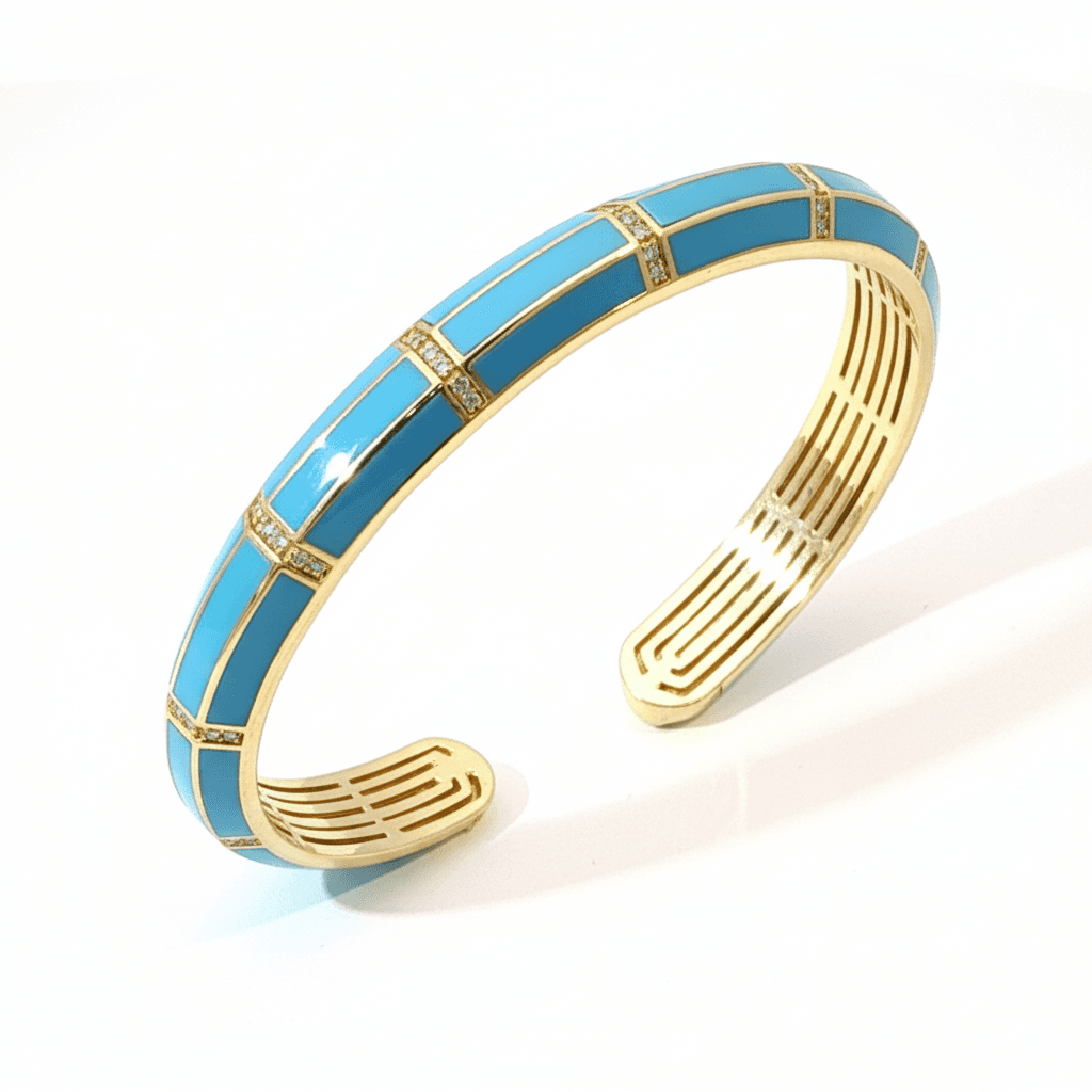 Ö d’Azure Open Bangle Turquoise Enamel Inlay Diamond Chain Bracelet in Yellow Gold